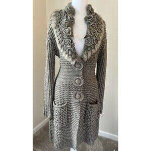 Sioni Cardigan Sweater Rabbit Fur Rosette Trim Size Medium